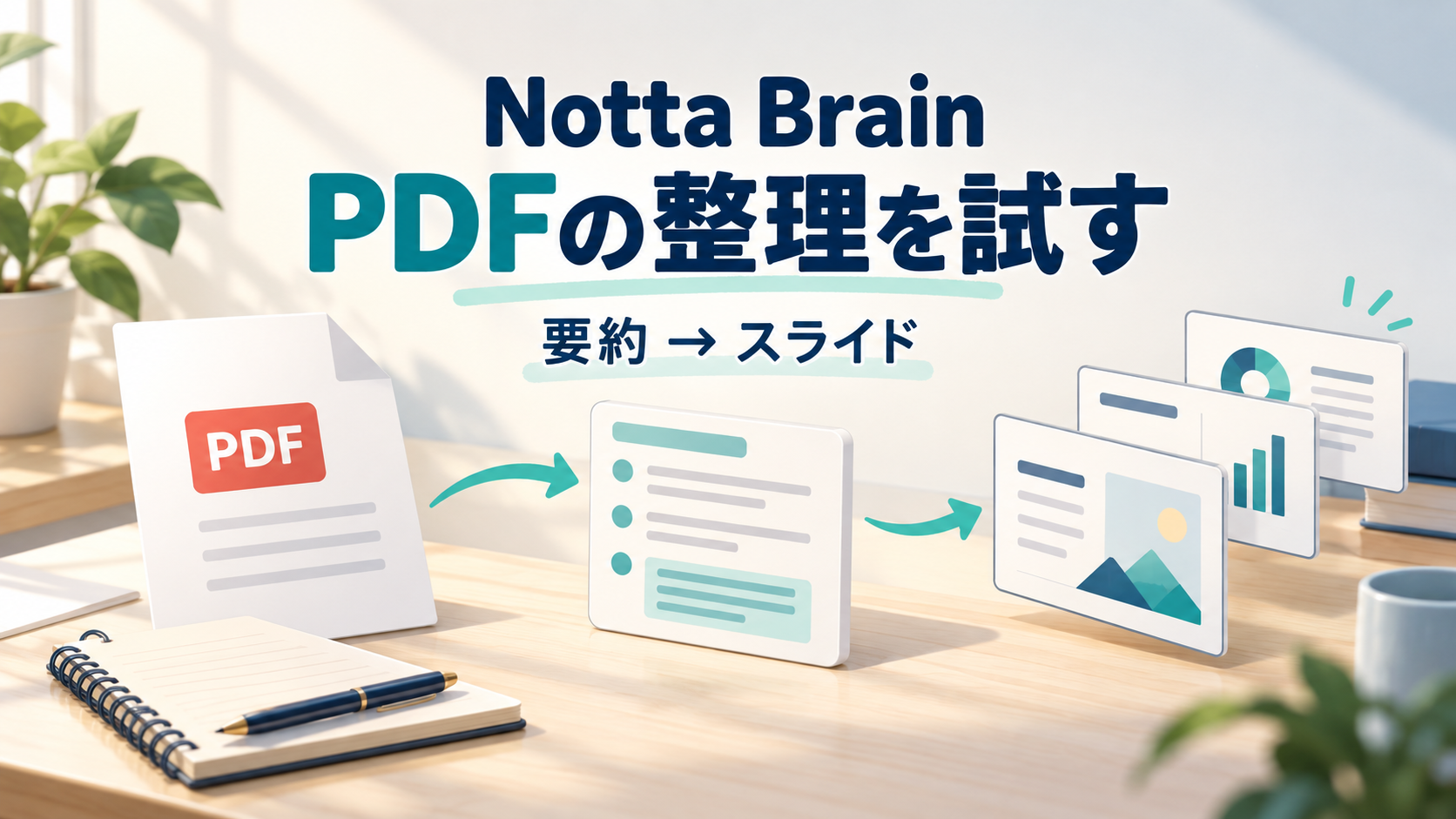 PDFの要点を整理してスライドへつなげる流れを描いたNotta Brainのイメージ